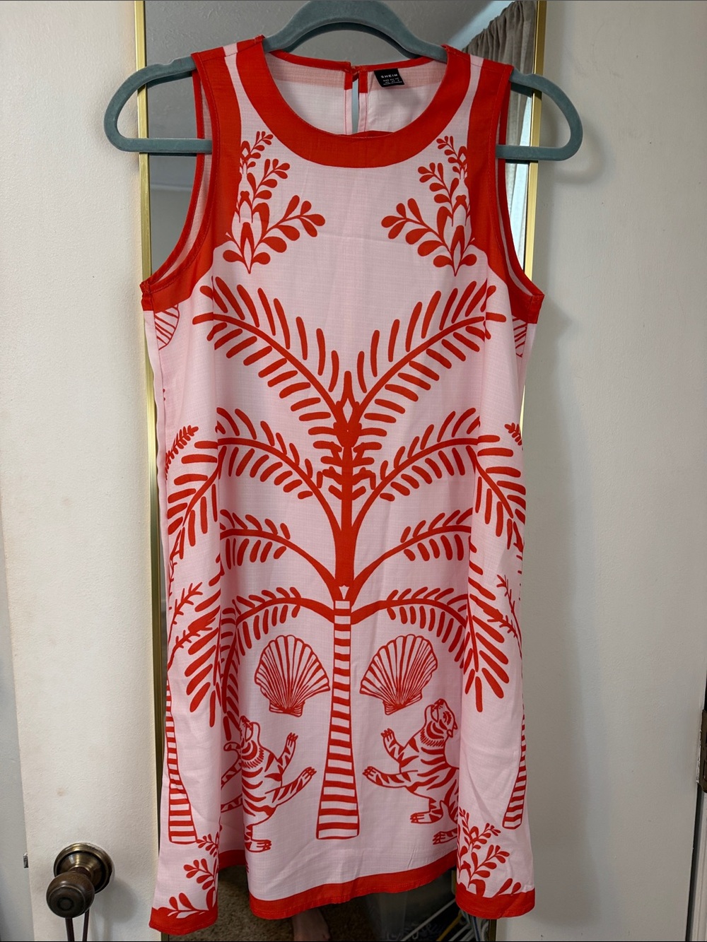 SHEIN Pink and Coral Tropical Palm Print Sleeveless Shift Dress